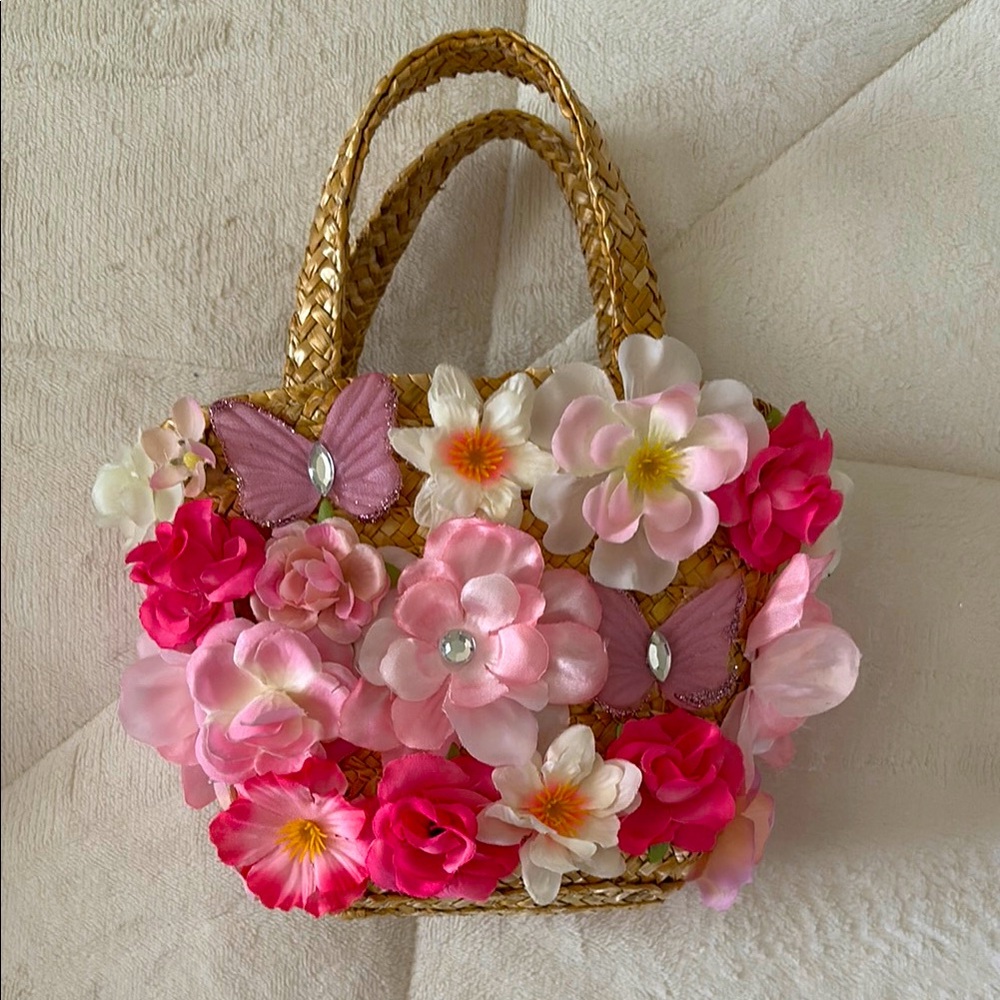 Floral Straw Tote Bag - Pink and Cream